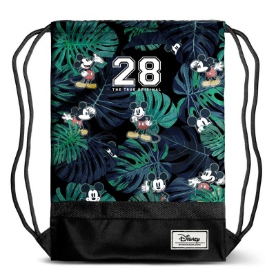 mochila saco preta com padrão folhas verdes e imagens do Mickey Mouse