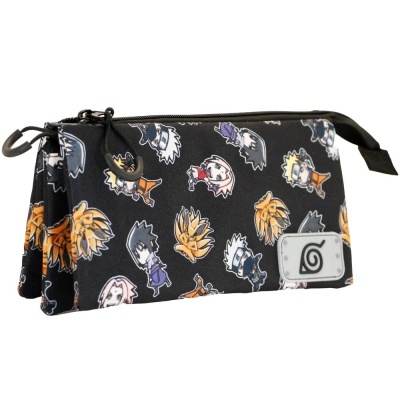 Estojo escolar preto com personagens de anime coloridos e símbolo com espiral