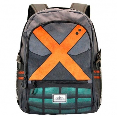 Mochila cinzenta com padrão laranja em forma de X e detalhes verdes