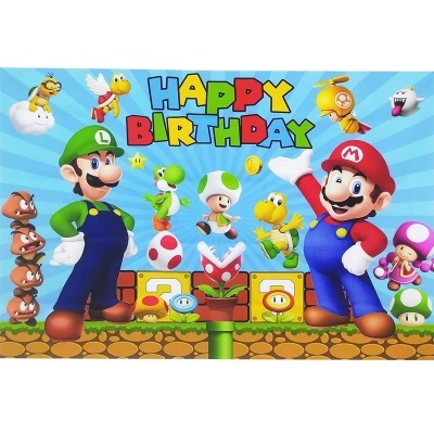 Painel de aniversário Super Mario com personagens e texto HAPPY BIRTHDAY