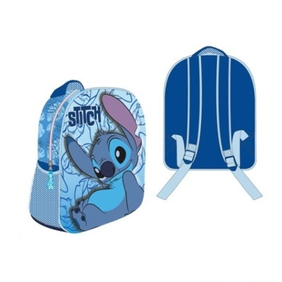 Mochila azul com estampa do Stitch e texto STITCH