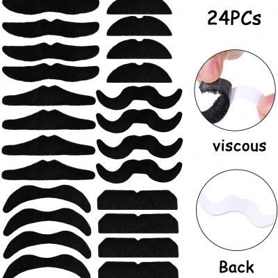Conjunto de bigodes adesivos pretos em várias formas com texto e imagens demonstrativas.