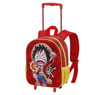 Mochila infantil com rodas e carrinho retrátil vermelha com estampa do personagem Luffy