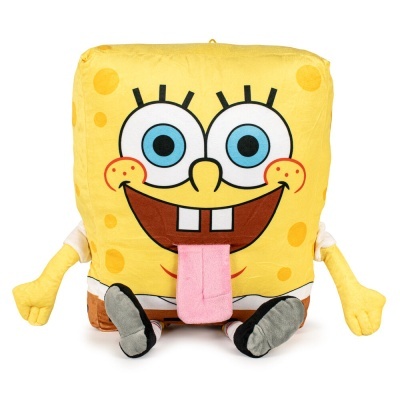 Almofada peluche Bob Esponja amarela com olhos azuis e língua rosa