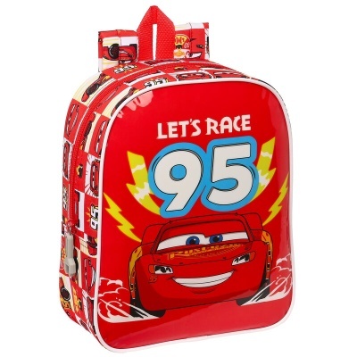 Mochila infantil vermelha com personagem Lightning McQueen e texto LET'S RACE 95