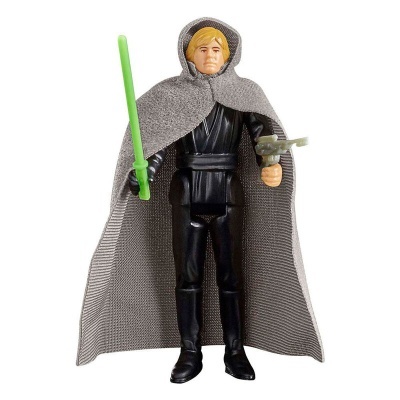 Figura de ação com capa cinza, espada verde e pistola