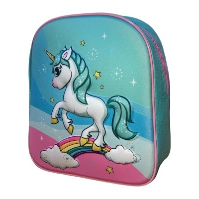 mochila azul com estampa de unicórnio e arco-íris