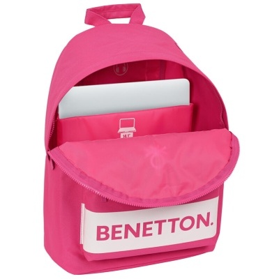 Mochila rosa para laptop com bolso frontal branco e rosa com o texto BENETTON.