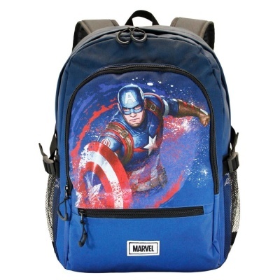 mochila azul com imagem do Capitão América e etiqueta MARVEL