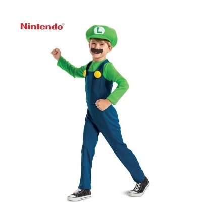Fantasia infantil Luigi Nintendo com macacão azul e camisola verde