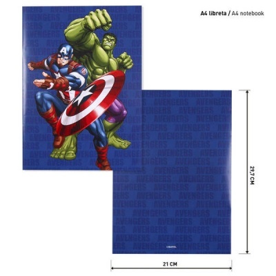 Capa de libreta A4 com imagens Capitão América e Hulk sobre fundo azul com padrão AVENGERS