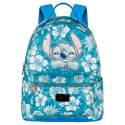 Mochila azul com padrão floral branco e desenho do Stitch