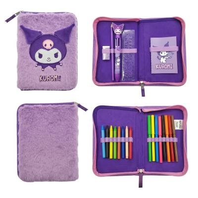 Estojo escolar Kuromi roxo e rosa com material felpudo e kit de material dentro