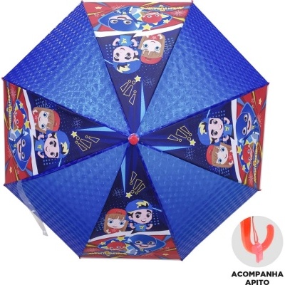 Guarda-chuva infantil azul com personagens cartoon e apito incluído