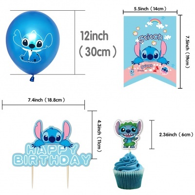 Decoração de festa Stitch azul com balão, faixa, topper de bolo e cupcake