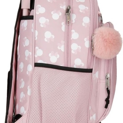 Mala de viagem rosa clara com padrão de silhuetas de cabeça de rato branco e pompom cor de rosa