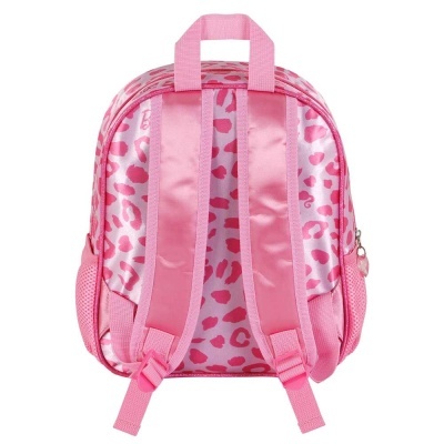 Mochila rosa com padrão animal print e alças acolchoadas