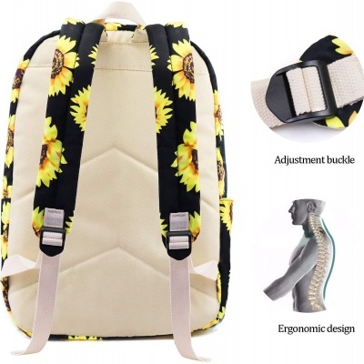 Mochila com padrão de girassóis e alças acolchoadas com ajuste