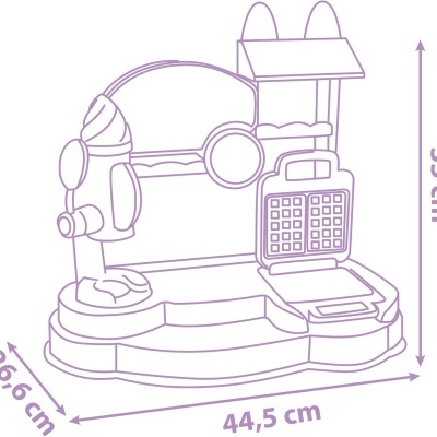 Desenho de brinquedo de loja com caixa registadora e microfone, medidas em cm