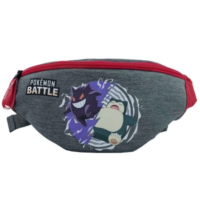 Bolsa de cintura cinzenta com fecho vermelho e imagem Pokémon Battle