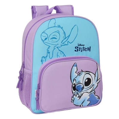 Mochila infantil Disney Stitch lilás e azul claro com bolso frontal