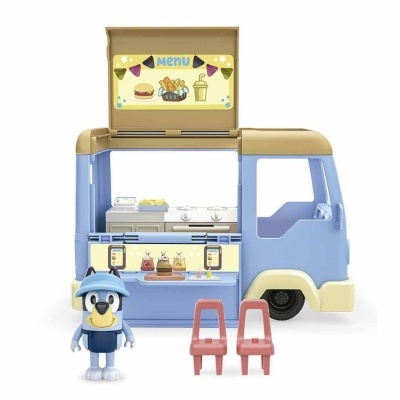 Brinquedo carrinha fast food azul e bege com cadeiras e figura de cachorro