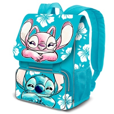 Mochila azul com personagens cor-de-rosa e azul e flores brancas