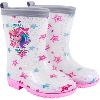 Botas de chuva infantis brancas com estrela rosa e azul e unicórnio colorido