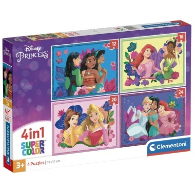 Caixa de 4 puzzles Disney Princess com imagens de princesas em cores vibrantes