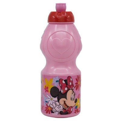Garrafa de plástico rosa com imagem da Minnie Mouse e flores