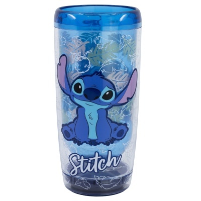 Copo plástico azul com personagens Stitch e padrão de folhas brancas