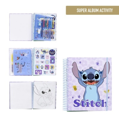 Álbum de atividades infantil Stitch com canetas, adesivos e estênceis