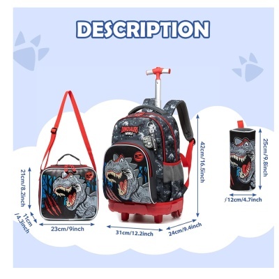 Conjunto infantil de mochila com rodas, bolsa e estojo com padrão de dinossauro e texto DINOSAURS WORLD