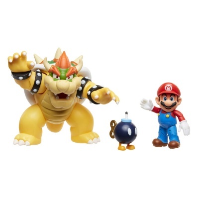 Figuras de ação de Bowser, Bob-omb e Mario em plástico colorido