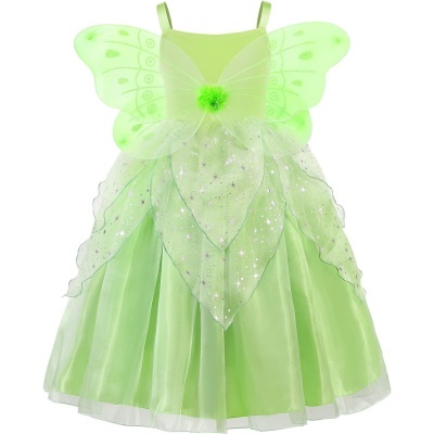 Vestido de fantasia infantil verde com asas de fada e saia em camadas brilhantes