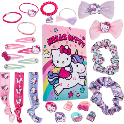 Conjunto de acessórios coloridos Hello Kitty com elásticos, ganchos, molares e caixa decorada.