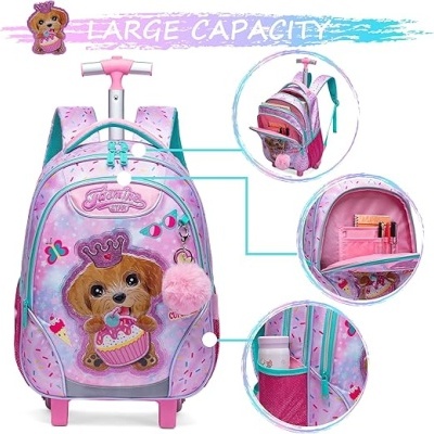 Mochila de rodinhas cor-de-rosa com padrão de confeitaria e imagem de cão com coroa e cupcake