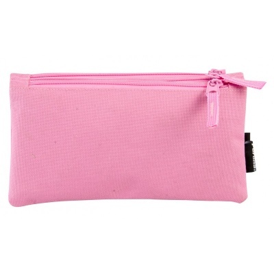 Estojo escolar retangular rosa com fecho de correr e etiqueta preta