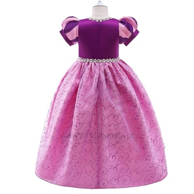 vestido infantil roxo e rosa com saia bordada e mangas bufantes