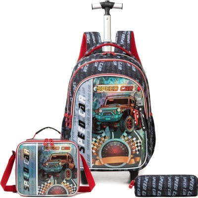 Conjunto escolar mochila trolley e bolsa térmica com estampa de carro 4x4 e texto SPEED CAR