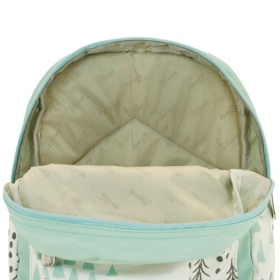 Mochila verde menta com interior bege e padrão texto repetido