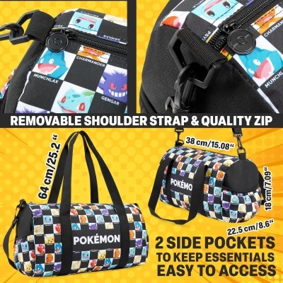 Mala desporto Pokémon preta com padrão de quadrados coloridos e alça removível.