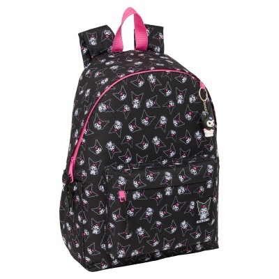 Mochila preta Kuromi com padrão de personagens brancos e rosa e zipper cor-de-rosa