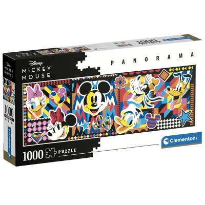 Caixa de puzzle de 1000 peças de Mickey Mouse com design colorido e formato panorama