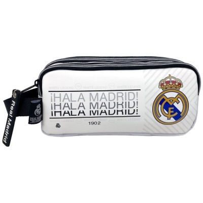 Estojo branco e preto com texto ¡HALA MADRID! e emblema do Real Madrid