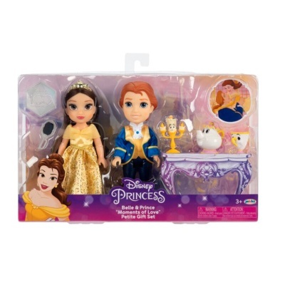 Conjunto Disney Princess com bonecos da Bela e príncipe e acessórios dentro de embalagem