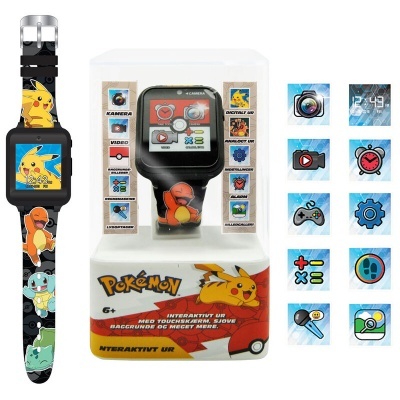 Relógio infantil Pokémon com bracelete preta e mostrador digital colorido na caixa branca