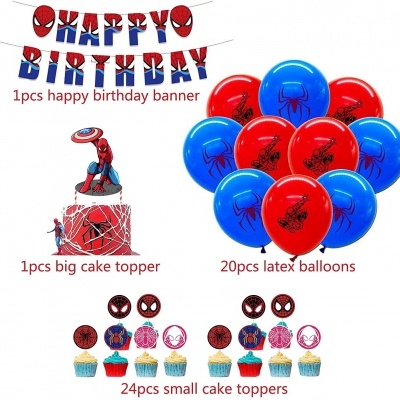 Kit de festa Homem-Aranha com faixa, balões e toppers para bolo e cupcakes
