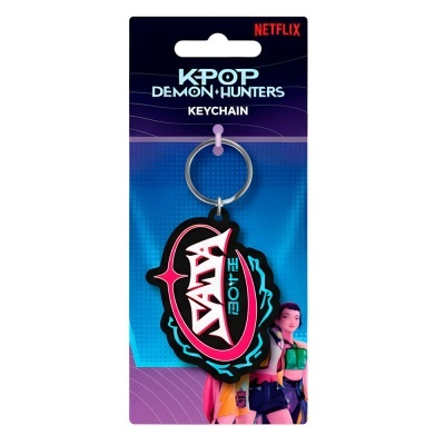 Porta-chaves K-Pop Demon Hunters em borracha colorida na embalagem com cartão azul e roxo