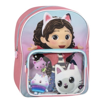 Mochila infantil cor-de-rosa e azul clara com personagem de desenho animado e gatinhos